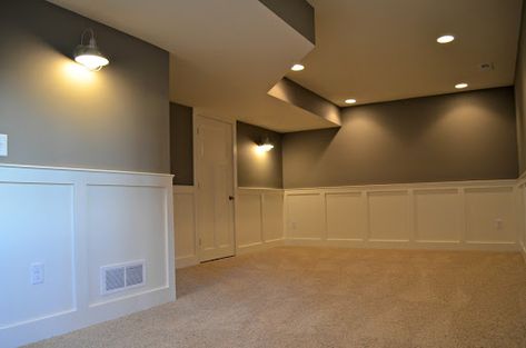 Basement Wainscoting, White Baseboards, Modern Basement, Basement Inspiration, Basement Living Rooms, Basement House, Basement Makeover, Basement Walls, Basement Design Ideas