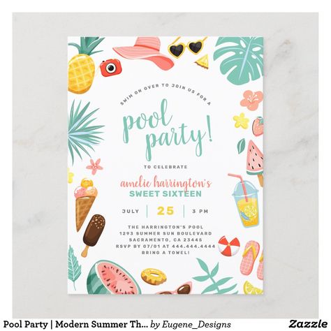 Tropical Pool Party, Summer Elements, Summer Birthday Invitations, Watermelon Ice Cream, Pool Party Birthday Invitations, Summer Party Invitations, 16th Birthday Invitations, Pool Birthday, Watermelon Ice