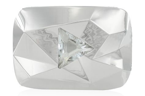 Prestigious Diamond Play Button Faceted Trophy In Brilliantly Polished Metal With Crystal Logo Detail. Diamond Play Button, Crystal Logo, Play Button, Silver