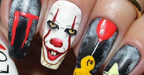 'It' & Pennywise Nail Art Is Perfect For Halloween Manicures Horror Nails, Holloween Nails, Halloween Manicure, Wedding Manicure, Halloween Acrylic Nails, Cute Halloween Nails, Awesome Nails, Manicure Diy, Best Nail Art Designs