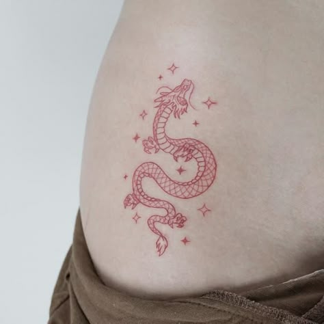 Red Dragon Tattoo Minimalist, Simple Red Dragon Tattoo, Red Colored Tattoos, Tiny Dragon Tattoo Chinese, Single Needle Dragon Tattoo, Dragon Tattoo Symbolism, Cute Dragon Tattoo Ideas, Simple Chinese Dragon Tattoo Outline, Simple Small Dragon Tattoo