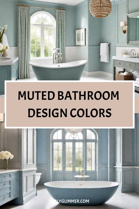 Muted bathroom design colors with a large freestanding bathtub and elegant decor. Muted Bathroom, Spa Paint Colors, Relaxing Bathroom Colors, Bold Bathroom Colors, Trending Bathroom Colors, Bathroom Color Ideas, Vibrant Bathroom, Color Bathroom Design, Bathroom Color Palette