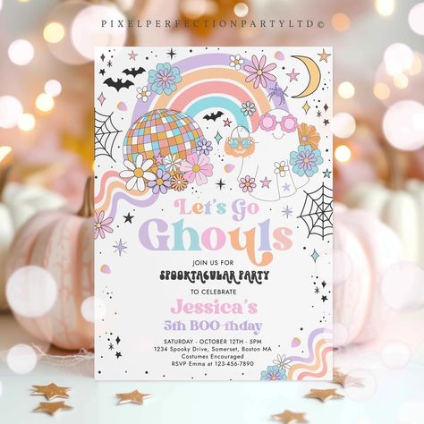 Editable Let's Go Ghouls Halloween Ghost Birthday Party Invitation Retro Groovy Rainbow Ghost Birthday Hippie Halloween Instant Download 45G - Etsy Groovy Ghoul Birthday, Halloween 5th Birthday Party, Groovy Halloween Party, Ghost Birthday Party, Rainbow Ghost, Ghost Birthday, Groovy Rainbow, Groovy Birthday, Hippie Halloween