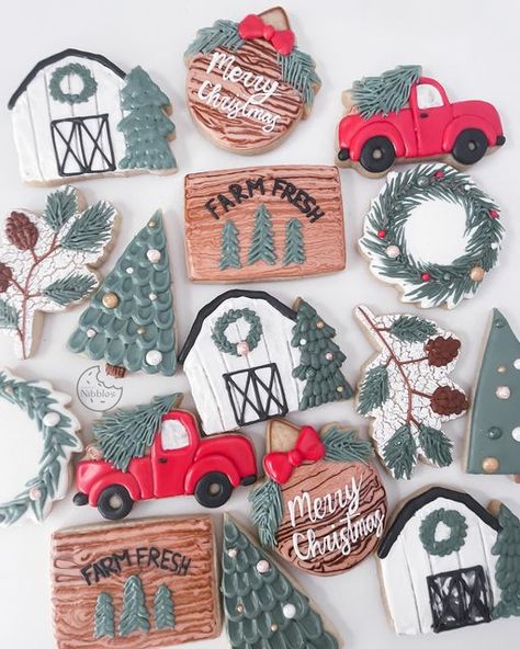 Truck With Tree Cookies Decorated, Hallmark Christmas Cookies, Christmas Truck Cookies Decorated, Rustic Christmas Cookies Decorated, Farmhouse Christmas Cookies, Christmas Truck With Tree, Cookie Recipes Decorating, Christmas Sugar Cookies Decorated, Cow Cookies