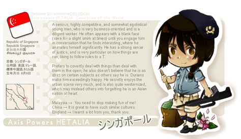 ++ APH:: Singapore ProfileCard by RepublikSingapura Aph Singapore, Vanda Miss Joaquim, Police Uniform, National Flower, Chopsticks, Easy Paintings, Hetalia, Singapore