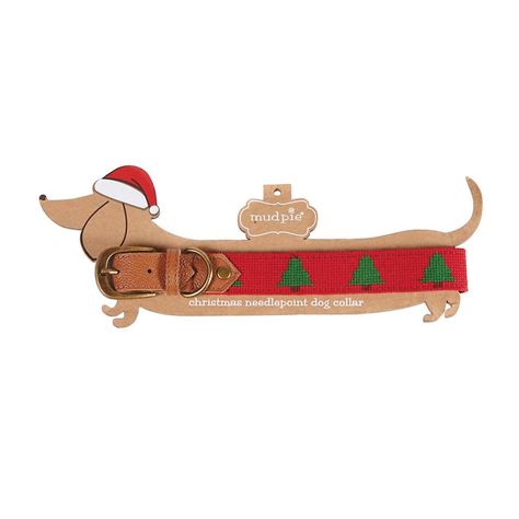 S/M and M/L. Needlepoint dog collar features repeating Christmas tree icons and arrive on dog-shaped kraft display card. Dog Collar Packaging, Cat Collars Diy, Pet Store Ideas, Pet Branding, Collars Diy, Christmas Dog Collar, Holiday Dog, Stationery Packaging, Needlepoint Christmas