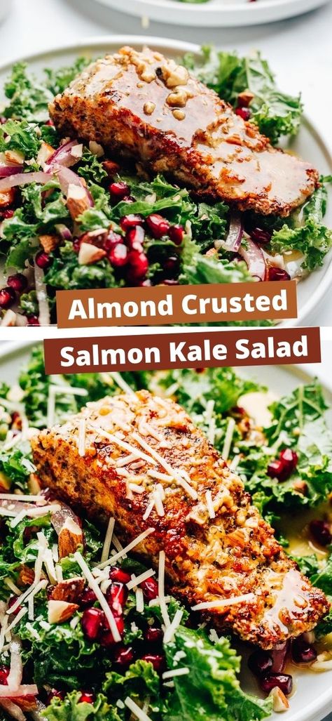 Almond Dinner Recipes, Paleo Salmon Salad, Crispy Salmon Salad, Winter Salmon Salad, Salmon With Quinoa Salad, Salmon Kale Recipe, Kale Salad With Salmon, Salmon On Salad Recipes, Asian Salad With Salmon