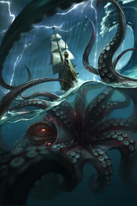 Sea Monster Art, Scary Ocean, Mythical Sea Creatures, Kraken Art, Dark Ocean, Beast Creature, Underwater Art, Sea Monster, Octopus Art