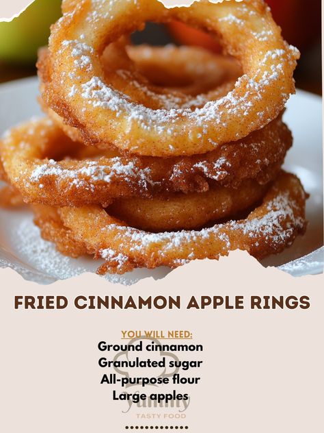 🍎✨ Crispy, sweet, and utterly satisfying! Try our Fried Cinnamon Apple Rings! A tasty twist on a classic favorite! 🍏🍩 #AppleDelights #FallTreats Fried Cinnamon Apple Rings Ingredients: Large apples (2) All-purpose flour (1 cup) Granulated sugar (2 tbsp) Ground cinnamon (1 tsp) Baking powder (1 tsp) Salt (1/4 tsp) Milk (3/4 cup) Egg (1 large) Vegetable oil (for frying) Powdered sugar (for dusting) Instructions: Slice apples into 1/4-inch thick rings, removing the cores. In a bowl, mix flou... Air Fried Cinnamon Apple Rings, Cinnamon Apple Rings, Thick Rings, Cozy Fall Recipes, Apple Rings, Campfire Food, Cinnamon Apple, Festive Drinks, Halloween Time