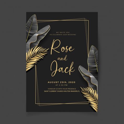 Royal black and golden wedding invitatio... | Premium Vector #Freepik #vector Gold Wedding Stationery, Watercolor Floral Invitation, Retro Wedding Invitations, Leaf Invitations, Engagement Invitation Template, Floral Wedding Invitation Card, Black Wedding Invitations, Wedding Invitation Card Template, Wedding Invitation Card Design