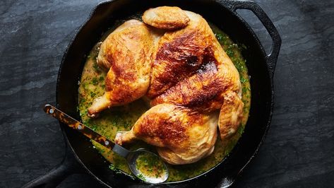 Chicken with Lemon Pan Sauce | Bon Appetit. Making a crispy spatchcocked chicken in a cast iron pan. Cast Iron Chicken Recipes, Brick Chicken, Chicken Under A Brick, Parsley Recipes, Chicken With Lemon, Iron Skillet Recipes, Pan Sauce, Fall Dinner Party, Skillet Cooking