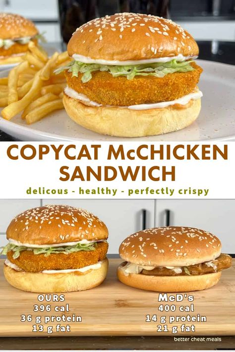 Feel good about trying this copycat McChicken sandwich. With a few simple swaps, you can indulge in your McDonald's favorite without the guilt. Using ground chicken and corn flakes, this healthy twist delivers all the goods. Perfect for the air fryer or oven, what's not to love about crispy chicken with 2.5x the protein and 60% less fat than the fast food version? Mcchicken Sauce, Chicken Patty Recipes, Ground Chicken Burgers, Mcdonalds Chicken, Chicken And Corn, Crispy Chicken Burgers, Best Sandwich Recipes, Chicken Burgers Recipe, Ground Chicken Recipes