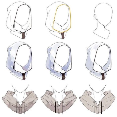 Drawing Hoods Reference, How To Draw A Hood Down, Clothing For Drawing, Hood Drawings Reference, Head Scarf Drawing Reference, Hood Drawings Sketches, Characters With Hoodies, Hooded Cloak Drawing Reference, How To Draw Hood