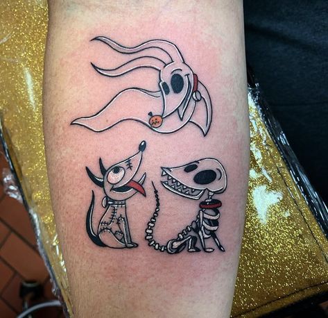 Nightmare Before Christmas Tattoo Matching, Oogie Boogie Man Tattoo, Shock Lock And Barrel Tattoo, Jack And Zero Tattoo, Boogie Man Tattoo, Jack Skellington And Oogie Boogie Tattoo, Zero Frankenweenie Scraps Tattoo, Oggie Boggie Tattoos, Zero Tattoo Ideas