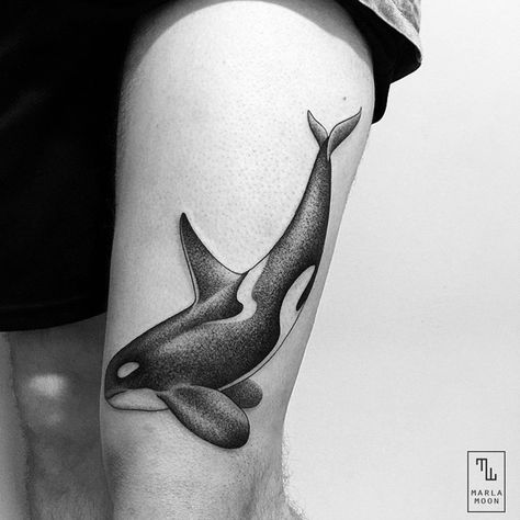 Gorgeous orca tattoo by Marla Moon. Blackwork animal tattoos are classy & mysterious. They stand out due to their bold lines and complex patterns and they impose respect and admiration. Enjoy! Tattoo Above Knee, Whale Tattoo, Sky Freedom, Hamsa Tattoo, Killer Whale Tattoo, Polar Bear Tattoo, Geometric Wolf Tattoo, Targaryen Tattoo, Orca Tattoo