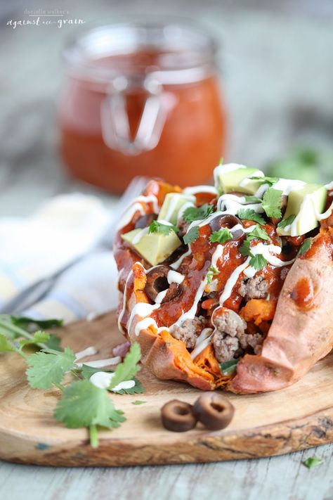 Gluten-Free Enchilada Sweet Potatoes from Danielle Walker - Against all Grain Enchilada Stuffed Sweet Potatoes, Dairy Free Enchiladas, Gluten Free Enchiladas, Danielle Walker, Against All Grain, Recipes With Enchilada Sauce, Paleo Main Dishes, Stuffed Sweet Potatoes, Meat And Vegetables