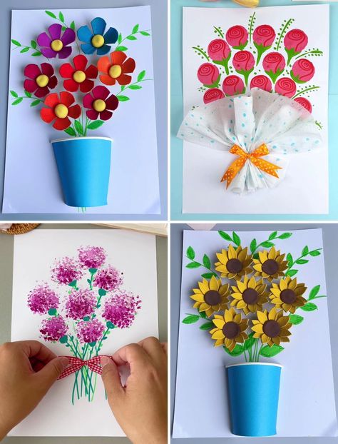 Flower Kindergarten Craft, Flowers Kids Craft, Flower Art Craft, Majčin Dan, Green Sketch, Flower Crafts For Kids, Paper Peonies Tutorial, Flower Paper Craft, Fair Crafts