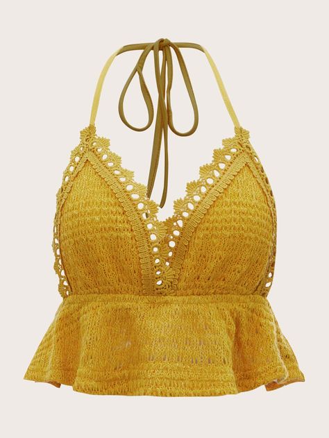 Mustard Yellow Boho   Tweed Plain Halter Embellished Slight Stretch Summer Women Tops, Blouses & Tee Yellow Halter Top, Boho Photoshoot, Mustard Yellow Top, Lacy Tops, Hippie Tops, Womens Halter Tops, Women Tank Tops, Guipure Lace, Yellow Top