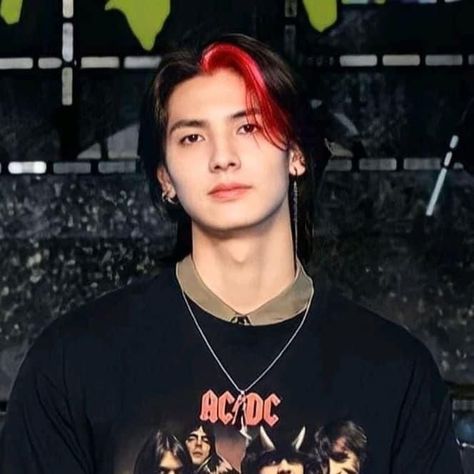 Long Hair Dye Ideas Men, Mens Hair Dye Ideas, Men’s Dyed Hair, Male Dyed Hair, Curtain Cut, Red Hair Streaks, Kpop Hair Color, Bleached Hair Men, Boys Colored Hair