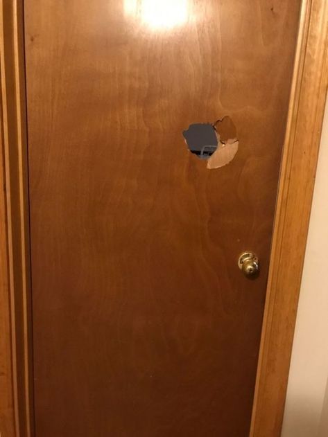 How To Patch Hole In Hollow Core Door, How To Fix A Hole In A Hollow Door, Door Hole Cover Up, Door Frame Repair, Door Transformation, Hollow Core Door, Closet Furniture, 6 Panel Doors, Removing Popcorn Ceiling