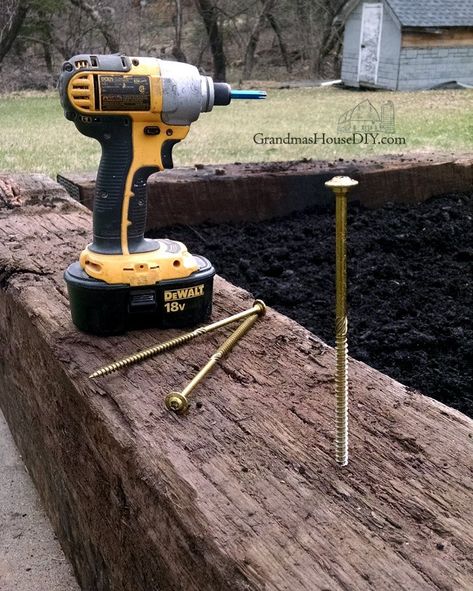 Build a small garden with railroad ties & the dangers of creosote Repurposed Railroad Ties, Railroad Ties Retaining Wall, Railroad Ties Landscaping, Railway Ties, Backyard Updates, Railroad Tie Retaining Wall, Railroad Tie, Flower Bed Edging, Railroad Ties