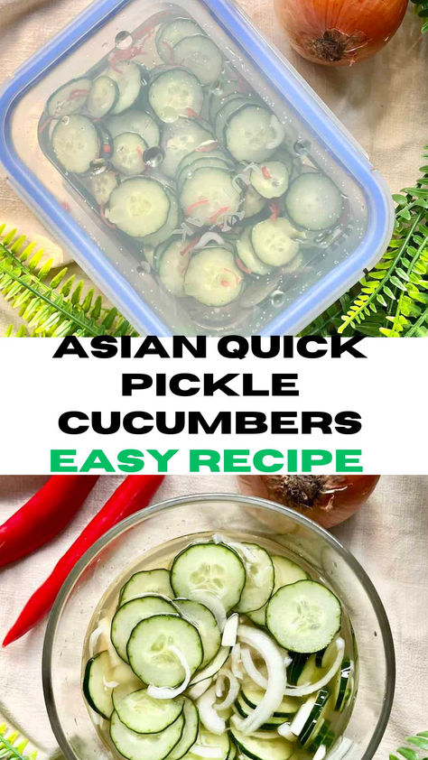 Looking for an easy summer recipe? These easy and delicious 5 MINUTED Asian Quick Pickled Cucumbers are a great cooling side dish in summer! (I show you how to make 2 versions: 1 that can be immediately after tossing in the brine (the 5-min recipe) but is quite strongly flavoured and a 2nd that has a milder flavor and needs to pickle for 15- 30 minutes.) Click now~ Fast Pickled Cucumbers, Hawaiian Pickled Cucumber, Quick Pickled Cucumbers And Onions, Easy Pickled Cucumber Recipe, Pickle Cucumber Recipes, Asian Pickled Cucumbers, Korean Pickled Cucumber, Pickled Veggies Recipe, Asian Pickles