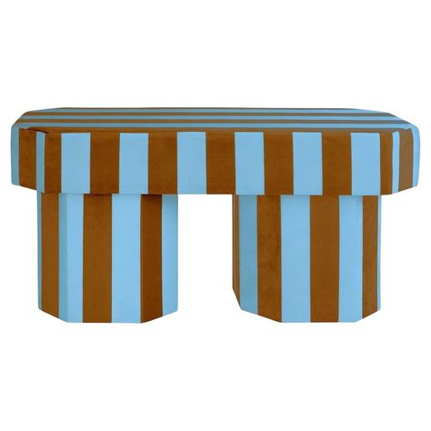 Viva stripe blue and brown bench by houtique dimensions: d 100 x w 45 x h 48 cm materials: velvet, upholstery, wood also available in different colours. Viva bench. Designed by carolina mico. Made in spain. Upholstered bench in flame-retardant velvet, with a wooden frame and high-density foam (35 kg super soft hazelnut).  this piece is attributed to the mentioned designer/maker. It has no attribution mark and no   official proof of authenticity,   however it is well documented in design history. Striped Furniture, Artichoke Lamp, Spanish Modern, Blue Bench, Directory Design, Modern Upholstery, Modern Art Deco, Velvet Color, Blue And Brown