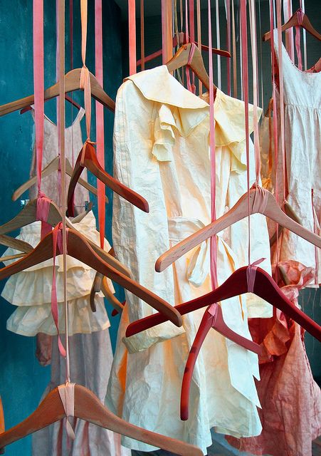 Like the idea of ribbons holding hangers to display clothes in a window. So many possibilities. Display Clothes, Store Window Displays, Clothing Displays, Retail Windows, Store Windows, Store Window, Creative Display, Decoration Originale, Window Dressings