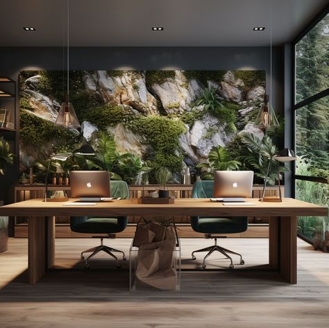 When you set out to furnish an office for a client, and it turns out like this... 😊 #office #client #green #biophilic #midjourney #wood #officedesign #view #nature #teja_mrzek Office Interior Design Nature, Natural Office Design Inspiration, Biophilic Home Office, Office In Nature, Biophilic Design Interiors Offices, Office With Plants Interiors, Green Aesthetic Office, Nature Office Decor, Biophilic Workspace