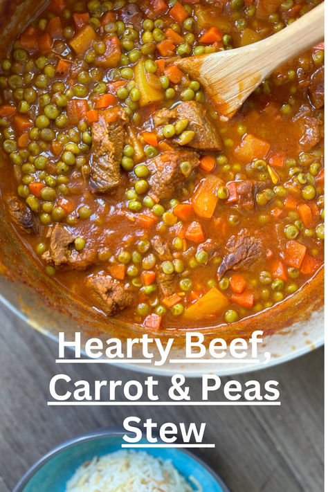 a classic hearty beef , carrot and pease stew in a large pot with a bowl of rice next to it Carrots And Peas Recipes, Peas And Carrots Recipe, Vermicelli Rice, Hearty Beef Stew, Cubed Potatoes, Beef Curry, Rice Vermicelli, Pea Recipes, Stew Meat