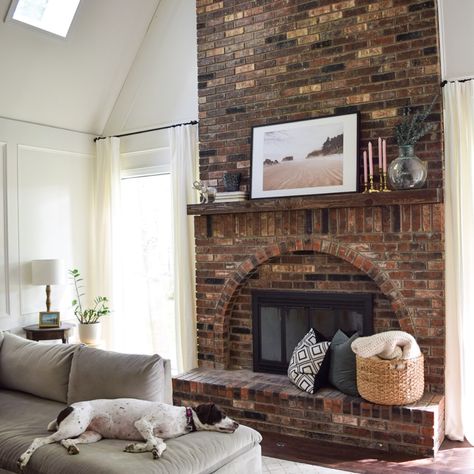 Traditional Red Brick Fireplace, Large Brick Fireplace Decor, Angled Brick Fireplace, Brown Brick Fireplace Decor, Colonial Cabin, Brown Brick Fireplace, Oversized Fireplace, Large Brick Fireplace, Brick Fireplace Decor