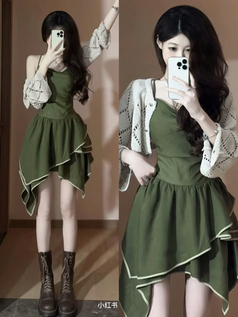 Army Green Dress Outfit, Pov Outfit, Cute Korean Outfits, Summer Fashion Dresses Casual, Green Dress Outfit, 1989 Tour, Army Green Dress, Mint Green Dress, Corset Fashion