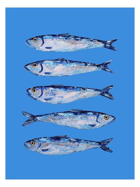 Sardine Line Drawing, Sardine Wallpaper, Sardines Drawing, Blue Fish Drawing, Shellfish Illustration, Sardine Painting, Lobster Aesthetic, Seafood Painting, Sardines Illustration