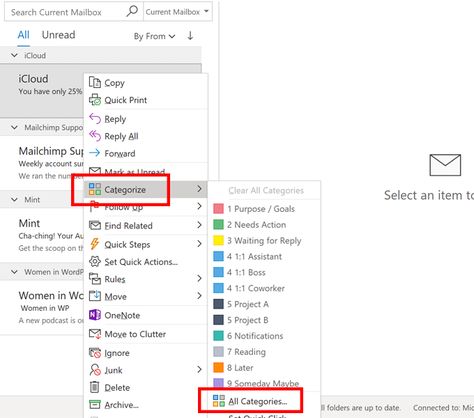 How to Organize Your To Do List in Outlook with Categories - Max Productivity Systems Outlook Color Categories, Outlook Mail Organization, Outlook Organization, Organizing Tasks At Work, Outlook Calendar Organization, Outlook Organization Tips, Email Organization Outlook, Excel To Do List, Outlook Productivity