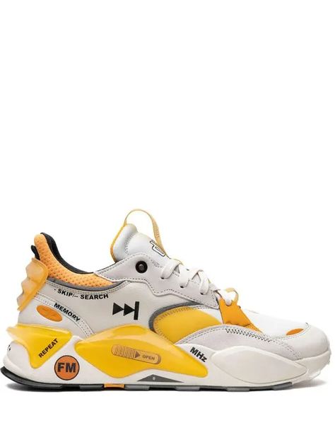 Puma Rs-Xl Playlist ""The Disc"" Sneakers - White | Editorialist Puma Rs, Yellow Colour, Colour Block, Pull Tab, Sneakers White, Mens Shoes Sneakers, Black N Yellow, Calf Leather, Color Blocking