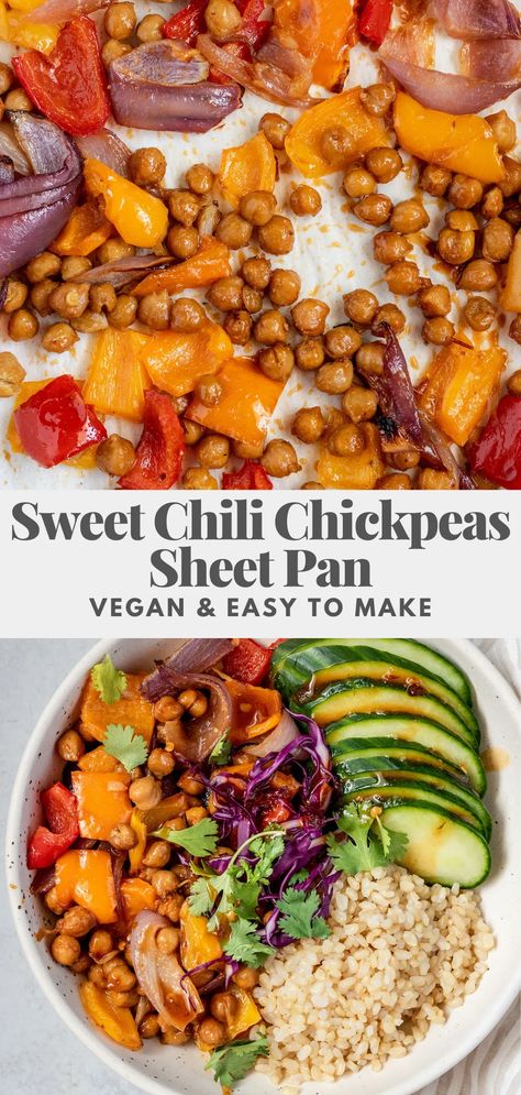 Sweet Chili Bowl, One Pan Dinner Vegetarian, Sheet Pan Dinner Vegetarian, Chickpea Sheet Pan Dinner, Chili Easy, Dinner Vegan, Vegan Plant Based, Cucumber Slices, Pan Meals