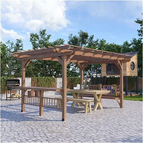 14' x 10' Outdoor Pergola, Wooden Gazebo Grill Canopy with Bar Counters and Seating Benches, for Garden, Patio, Backyard, Deck Oasis Decor, Grow Grapes, Grill Canopy, Backyard Escape, Wooden Pavilion, Bar Counters, Wood Grill, Grill Gazebo, Wooden Gazebo