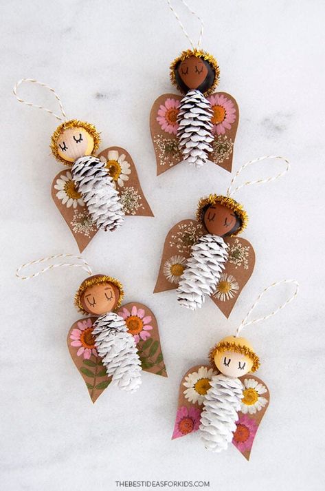 Angel Pine Cone Ornament Diy Xmas Crafts For Kids, Pine Cone Christmas Crafts For Kids, Pinecone Angel Ornaments Diy, Kids Christmas Diy Gifts, Natural Christmas Crafts For Kids, Pine Cone Angels, School Age Christmas Crafts, Home Made Ornaments Diy Kids, Christmas Crafts To Do With Kids