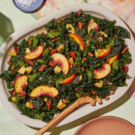 Peach-Pecan Kale Salad With Hot-Honey Vinaigrette Recipe | Bon Appétit Salad With Peaches, Honey Vinaigrette, Honey Dressing, Louisiana Hot Sauce, Vinaigrette Recipe, Roasted Pecans, Spicy Honey, Hot Honey, Vinaigrette Recipes