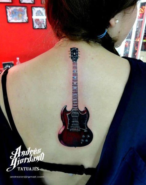 Amazing #Gibson SG tattoo! Gibson Guitar Tattoo, Acdc Tattoo, Guitar Tattoos, Sg Tattoo, Rock Tattoos, Guitar Outline, Flower Tats, Plant Tattoos, Guitar Tattoo Design