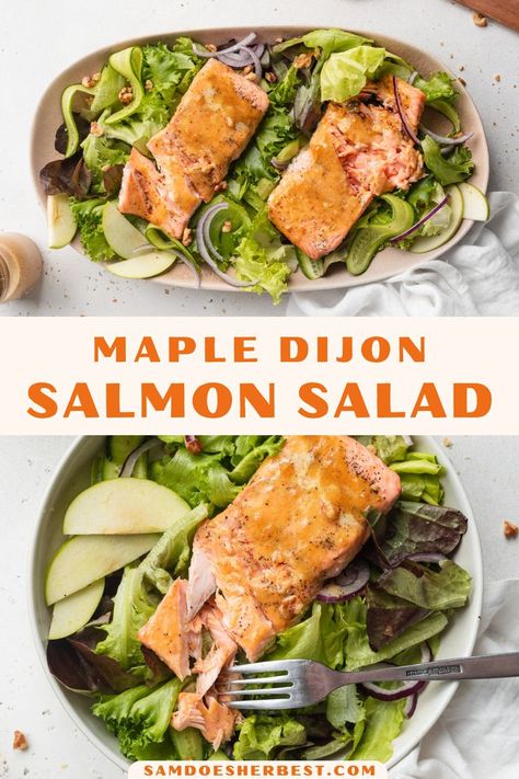 Buttery, flaky salmon atop a simply dressed maple dijon salad! This quick and easy recipe yields perfectly seasoned, and cooked salmon every time. A complete meal, loaded with fresh veggies, then finished off with a tangy maple dijon dressing, ready in under 20 minutes! Maple Dijon Salmon, Dijon Salad, Maple Dijon Dressing, Salmon Salad Recipe, Dijon Salmon, Easy Spring Recipes, Cooked Salmon, Dijon Dressing, Salmon Salad Recipes