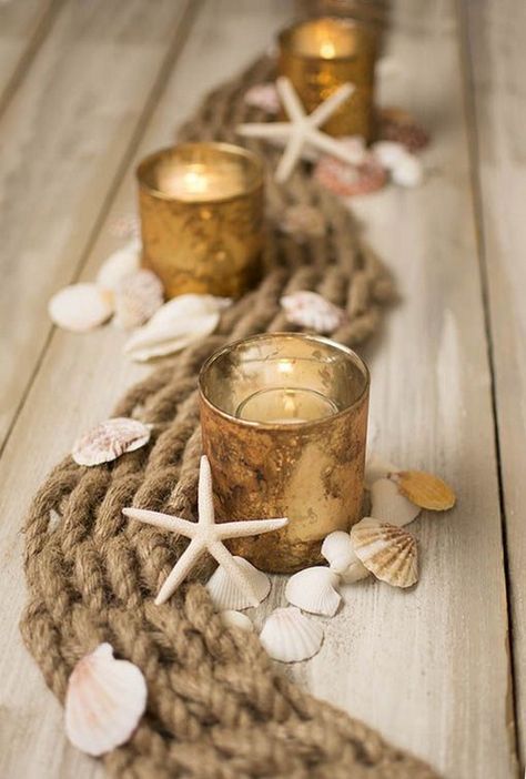 rustic beach wedding table runner / http://www.himisspuff.com/wedding-table-centerpieces-runners/ Beach Centerpieces Diy, Nautical Centerpiece, Beach Centerpieces, Beach Wedding Tables, Rustic Beach Wedding, Beach Wedding Decorations Reception, Beach Wedding Centerpieces, Table Runner Diy, Beach Table