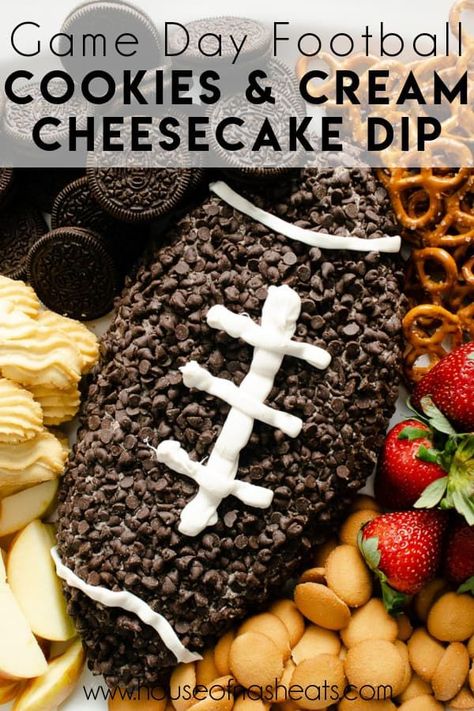 Score a touchdown with this easy and fun Football Cookies & Cream Cheesecake Dip for your next Game Day party and get ready to receive rave reviews! Whether you are there for the game or for the half-time show and commercials, this simple dessert dip with Oreo cookies and mini chocolate chips can be made in 15 minutes! | game day dessert ideas | superbowl party dessert ideas | superbowl party desserts football treats | superbowl party dip recipes | football dip recipes | football desserts id Cookie Dough Football Dip, Cookies And Cream Football Dip, Cheesecake Football Dip, Superbowl Dessert Dip, Football Oreo Dip Recipe, Football Oreo Dip, Football Party Snacks Easy, Football Cheesecake Dip, Football Baking Ideas