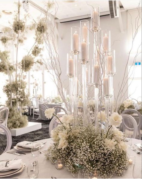 Chandelier Wedding Centerpiece, Modern Candelabra Centerpiece, Candlebra Decor Ideas, White And Blue Wedding Reception, Tall White Centerpieces Wedding, Candlebra Centerpiece, Large Wedding Centerpieces, Candelabra Centerpiece Wedding, Tall Candle Centerpiece