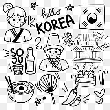 Korean Doodles Aesthetic, Food Lettering Typography, Korean Illustration Cute, Korean Doodle, Korea Illustration, Drawing Korean, Illustration Korean, Korean Drawing, Japan Drawing