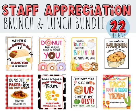 Lunch & Bruch Staff Appreciation Sign Bundle of 22. - Etsy Teacher Appreciation Baked Potato Bar, Teacher Appreciation Food Ideas For Staff, Teacher Puns Staff Appreciation, Nursing Home Week Ideas For Staff, School Staff Appreciation Ideas, Bagel Donut, Brunch Signs, Employee Appreciation Ideas, Employee Appreciation Week