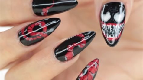 Venom Nail Art Tutorial Pink Venom Nails, Venom Nail Art, Pink Venom Nail Art, Venom Halloween Makeup, Venom Phone Case, Marvel Nails, Halloween Nails Easy, Gel Nail Art Designs, Nail Art Pictures