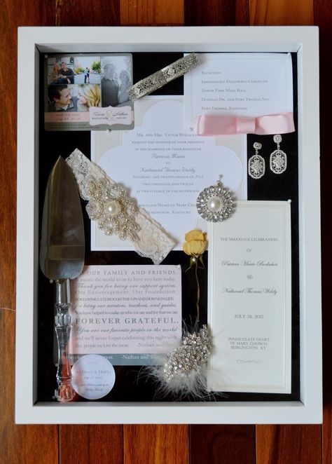 724 South House | Our Big Day Displayed: DIY Wedding Shadow Box Wedding Cards Keepsake, Shadow Box Picture Frames, Military Shadow Box, Wedding Shadow Box, Wedding Collage, Wedding Memory Box, Diy Shadow Box, Wedding Wall, Wedding Scrapbook