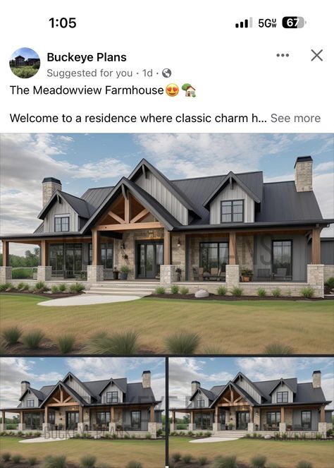 Darker House Exterior, Barndimonium Exterior Colors, Black White And Stone Exterior, Barndominium Gray Exterior, Mixed Material Home Exterior, Barndominium Ideas Exterior Wrap Around Porch, Lake Home Exterior Ideas, Home Exterior With Wood Accents, Grey And Wood Exterior House