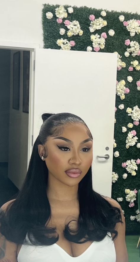 Mid Length Wig Hairstyles, Sleek Half Up Half Down Hair Black, Half Up Half Down Ariana Grande, Shoulder Length Frontal Wig, Sleeked Hairstyles, Ariana Fletcher Hairstyles, Dramatic Baby Hairs Frontal, High Ponytail Hairstyles Ariana Grande, Dess Dior Half Up Half Down